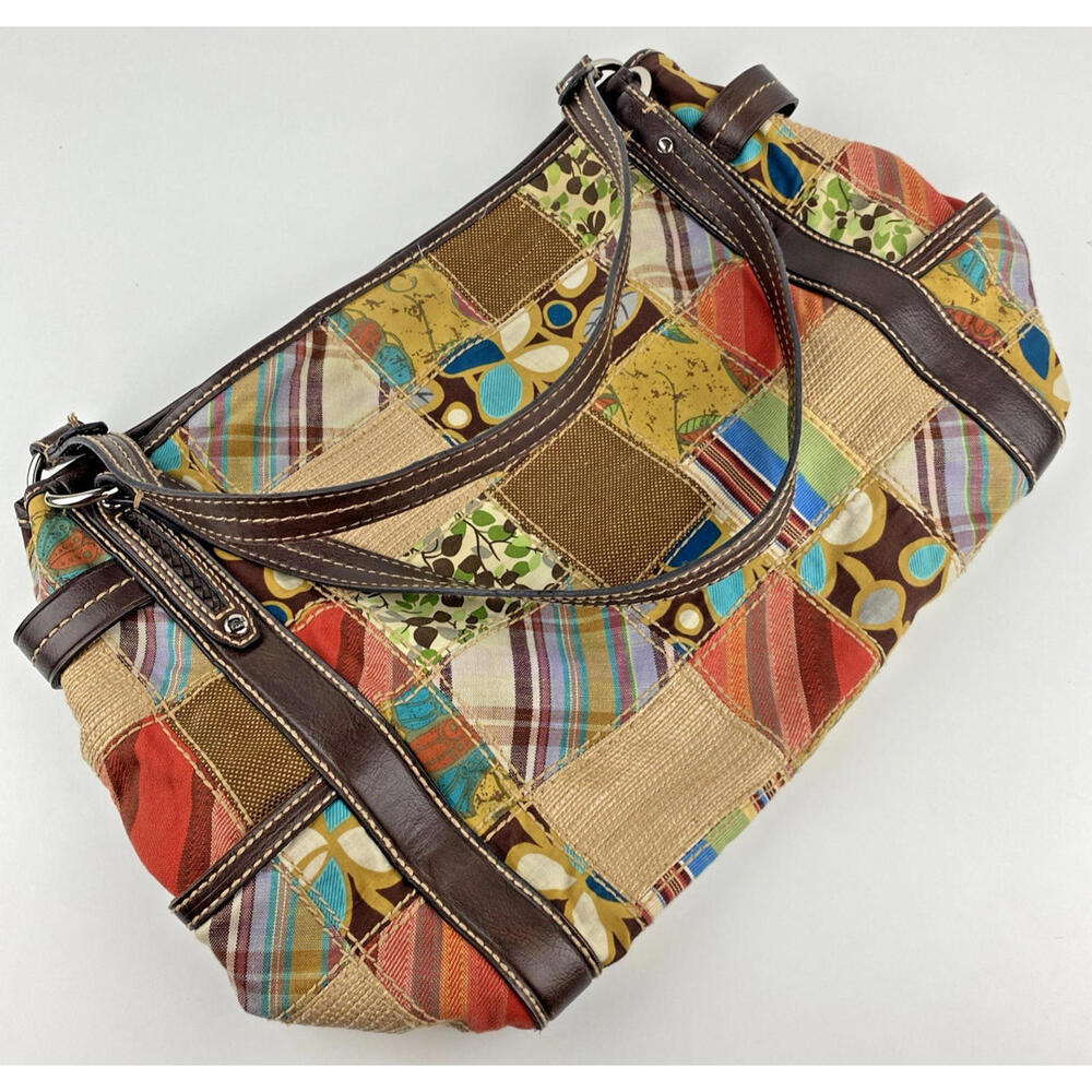 Vtg Fossil Bag Tote Caprivi Patchwork Fabric Straw Leather Shoulder Boho EUC